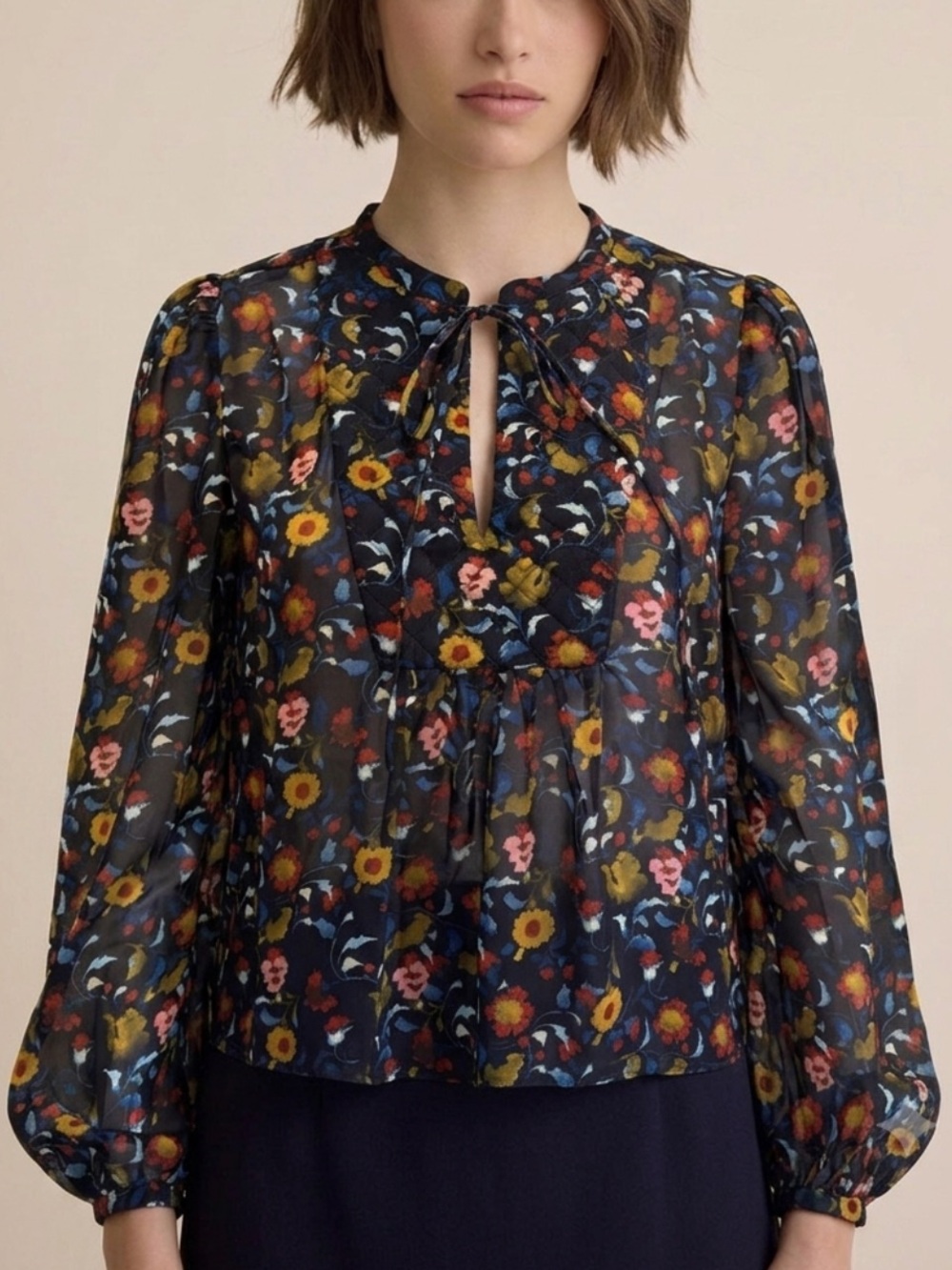 Zara Sheer Floral Tie Neck Blouse Womens Size Small Colorful Long Balloon Sleeve